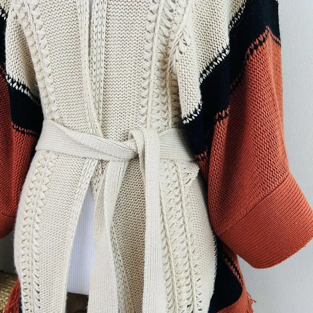 Cato XL Boho Fringe Cardigan Belted Colorblock Rust Cream Black - Picture 4 of 8